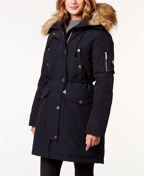 mens michael kors long hooded parka with faux fur trim